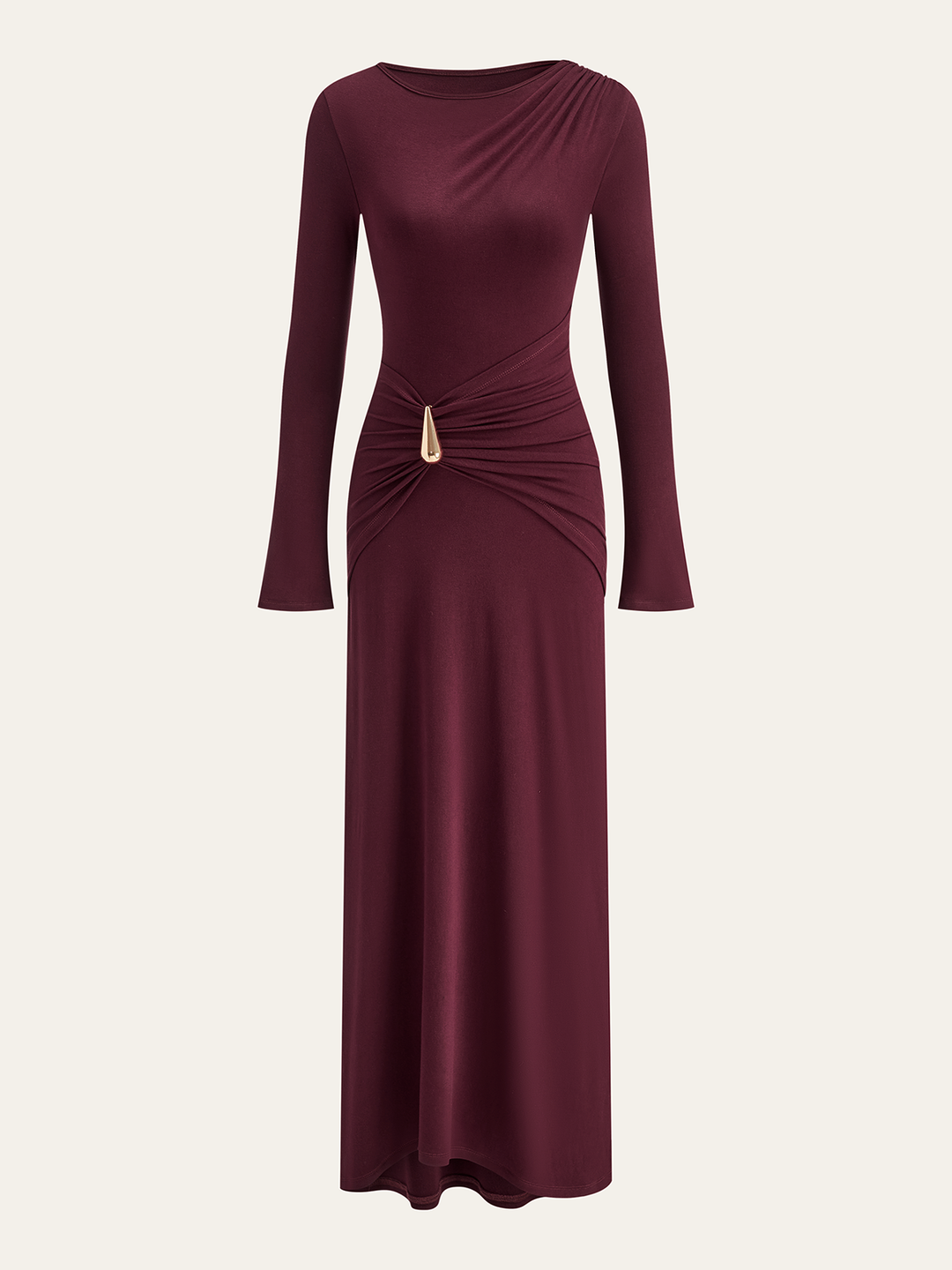 Metal Buckle Long Sleeve Ruched Maxi Dress
