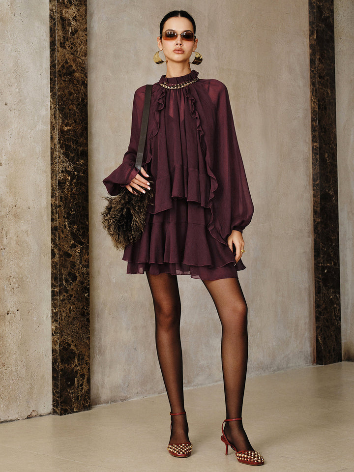 Tiered Ruffle Chiffon Mini Dress Set with Liner